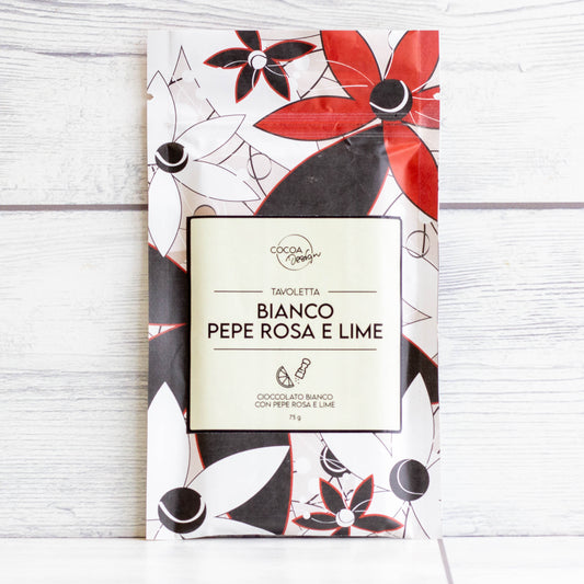 Tavoletta di cioccolato bianco con pepe rosa e lime
